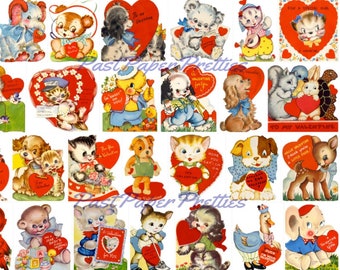 90 vintage dieren Valentijnskaarten schattige schattige beestjes afbeeldingen afdrukbare collages pdf directe digitale download antropomorfe illustraties