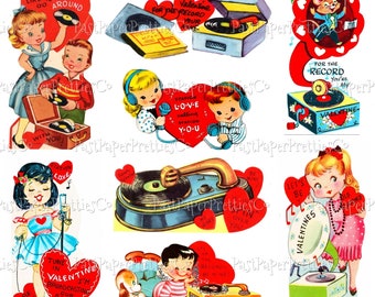 Vintage Printable Valentines Retro Record Player Radio Music Themed Cards Collage Sheets PDF Instant Digital Download 25 Designs