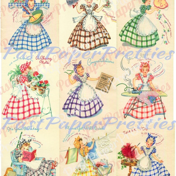 Vintage Printable Pretty Gingham Girls Happy Housewife All Occasion Greeting Card Images PDF Instant Digital Download Birthday Get Well