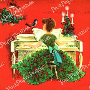Jolie fille de Noël à imprimer vintage avec robe gui jouant du piano carte image c. Joyeux kitschmas en téléchargement numérique instantané des années 40