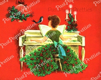 Puede incluir: Ilustración de tarjeta navideña vintage con una persona tocando un piano blanco adornado con acebo. Un pájaro azul canta desde el atril. La persona lleva un vestido verde con un lazo azul y una falda de acebo. Fondo rojo.