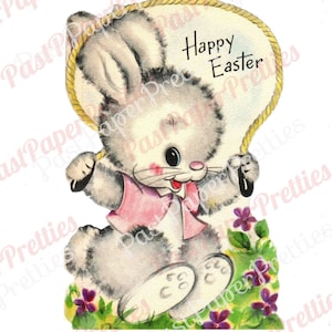 Vintage image de carte de lapin de Pâques imprimable, corde à sauter, lapin de Pâques c. Clip Art rétro Peter lapin des années 1950 en téléchargement numérique