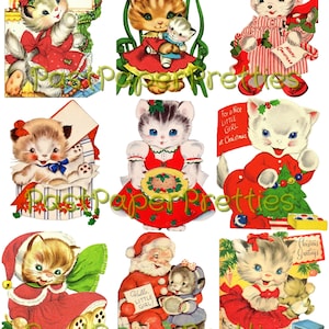 Vintage druckbare Mädchen Kätzchen Kitty Katze Weihnachten Collage Sheets & Full Card Bilder PDF Sofortiger digitaler Download ALLE Girly Katzen Clipart