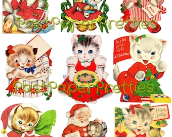 Vintage Printable Girl Kittens Kitty Cat Christmas Collage Sheets & Full Card Images PDF Instant Digital Download ALL Girly Cats Clipart
