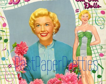 Lalki papierowe z motywem gwiazdy filmowej, Doris Day, wycinanka, ok. 1954 r., do wydrukowania w formacie PDF, natychmiastowe pobranie cyfrowe, grafika liniowa z Hollywood Starlet