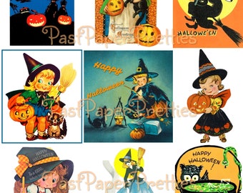 Vintage Cute Halloween Witches Collage Sheets & Full Card Images Printable PDF Instant Digital Download All Kitsch Spooky Witchy Clip Art