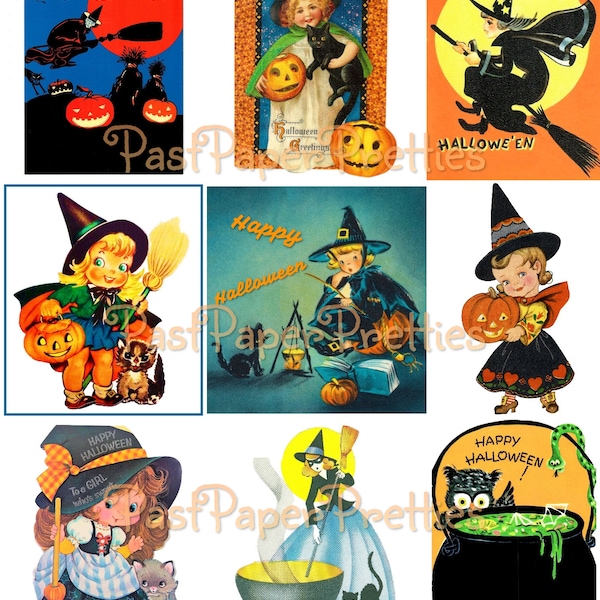 Vintage Cute Halloween Witches Collage Sheets & Full Card Images Printable PDF Instant Digital Download All Kitsch Spooky Witchy Clip Art