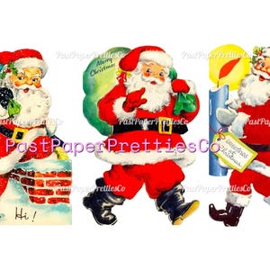 May include: Three vintage-style illustrations of Santa Claus wearing a red suit with white fur trim and black boots. One Santa climbs a brick chimney, another carries a green sack, and the third holds a blue candle with a tag reading Greetings at Christmas.