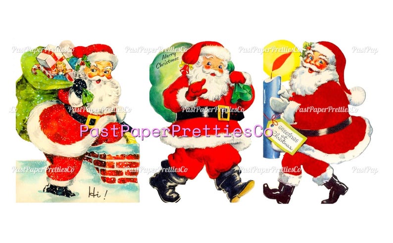 May include: Three vintage-style illustrations of Santa Claus wearing a red suit with white fur trim and black boots. One Santa climbs a brick chimney, another carries a green sack, and the third holds a blue candle with a tag reading Greetings at Christmas.