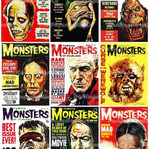 May include: A collection of vintage "Famous Monsters of Filmland" magazine covers. The covers feature classic horror movie monsters like Frankenstein, King Kong, and werewolves. Bold red, yellow, and black backgrounds with text and illustrations.