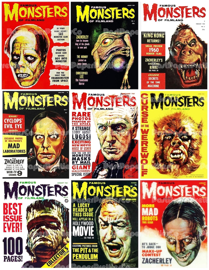 May include: A collection of vintage "Famous Monsters of Filmland" magazine covers. The covers feature classic horror movie monsters like Frankenstein, King Kong, and werewolves. Bold red, yellow, and black backgrounds with text and illustrations.