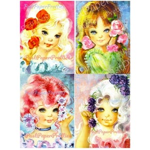 Vintage imprimable belles grandes filles aux grands yeux fleurs romantiques des années 1970 carte postale Images téléchargement numérique Kawaii Glamour Girls 600 dpi