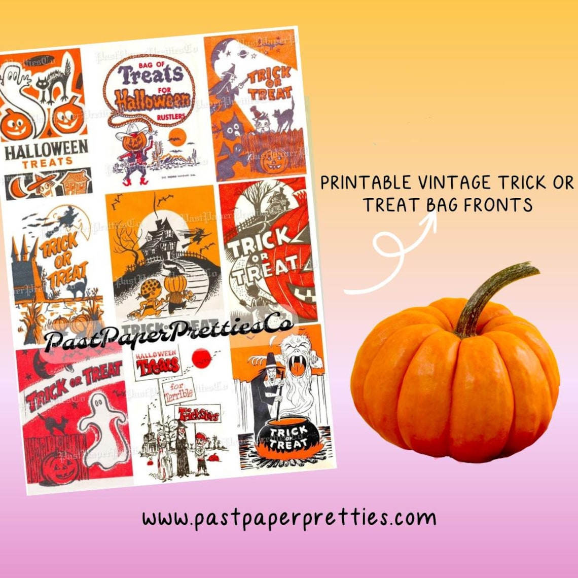Vintage Halloween Printable Trick or Treat Bags Collage Cards Retro ...