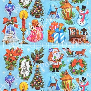Vintage Printable Blue Christmas Gift Seals Stickers Cut Outs Collage Mid Century Kitsch PDF Instant Digital Download Kitschmas Clip Art 1