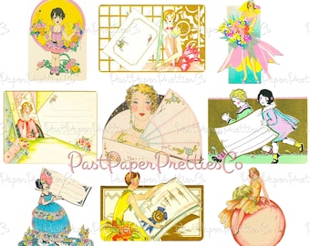 Vintage Art Deco Roaring 20s Flapper Collage and Single Card Images Printable PDF Instant Digital Download Ladies and Children Clipart 1920s