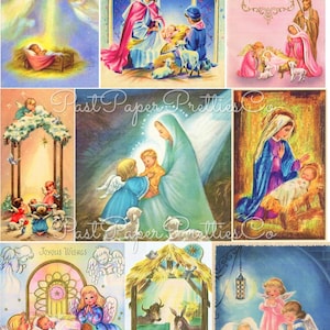 Immagini di scene di Natale vintage stampabili Fogli di collage PDF Download digitale istantaneo Carine etichette regalo religiose