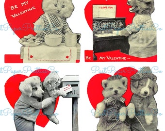 Biglietti di San Valentino vintage retrò con foto reali di cuccioli di gattini, fogli di collage in PDF stampabili, download digitale immediato, clipart di gatti e cani carini