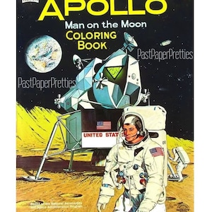 Libro para colorear imprimible vintage Apolo 11 El hombre en la Luna c. 1969 PDF Descarga digital instantánea Clipart espacial de ciencia ficción 70 páginas