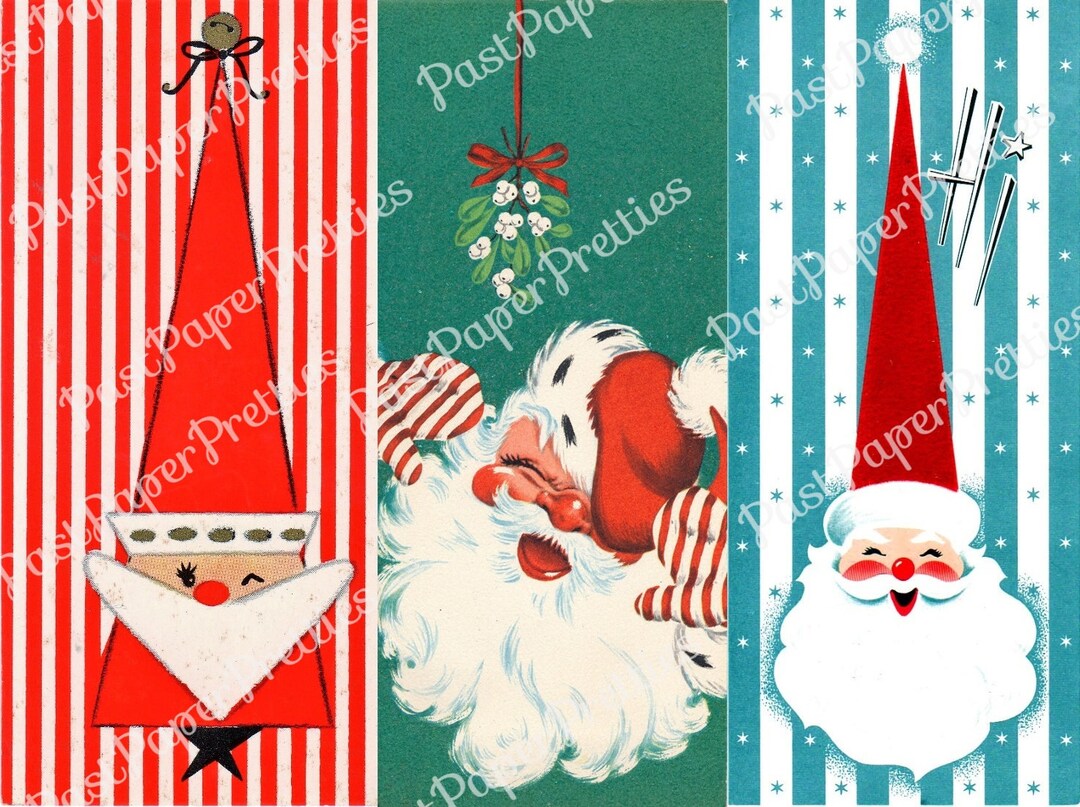 Vintage Printable Retro Slim Santas Christmas Card Images Mod Tall Hats PDF Instant Digital ...