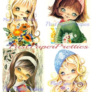 Imagens de cartão postal vintage para impressão de meninas bonitas de olhos grandes, retrô e românticas dos anos 1970, PDF, download digital instantâneo, fofas, kitsch, kawaii, mod girls