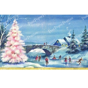 Vintage imprimable sapin de Noël rose enneigé pont et scène de patinage sur glace carte Image Téléchargement numérique instantané Kitsch vacances rétro Clip Art