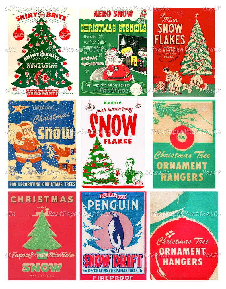 Imágenes de cajas de embalaje para decoración navideña vintage imprimibles, estilo Mid Century Mod, descarga digital instantánea en PDF, 300 ppp, imágenes individuales, collages. imagen 1