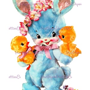 Vintage Retro Fofo Azul Coelho Berçário Decalque Imagem Imprimível Instantâneo Digital Download Bonito Kitsch Coelho Chicks 1970s