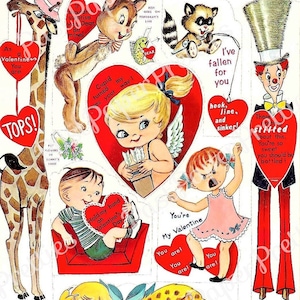 Livre de jeu imprimable vintage pour la Saint-Valentin, découpes cartes, enveloppes, joints, rétro des années 1980, PDF en téléchargement numérique, dessins kitsch mignons