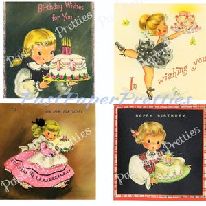 4 afbeeldingen vintage afdrukbare verjaardagskaart schattige kleine meisjes met gebak pdf instant digitale download kitscherige schattige kleine juffrouw clipart