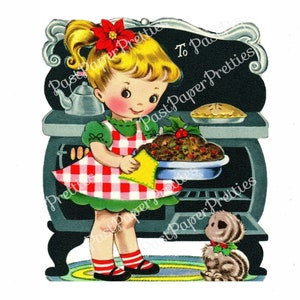 Vintage petite fille de Noël à imprimer image de carte de cuisson au four aux prunes au four c. Clipart Noël en téléchargement numérique instantané des années 1950 PNG JPEG 300 dpi