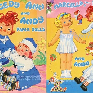 Bonecas de papel vintage Raggedy Ann e Andy c. 1944 PDF para impressão Download digital instantâneo Bonecas de pano de brinquedo de infância de menina Marcella fofas Clip Art