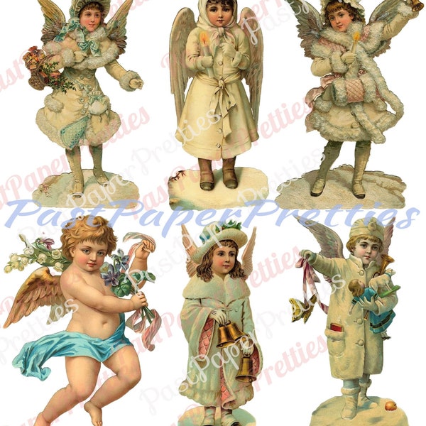 Vintage Antique Victorian Christmas Angel Children Printable Paper Scraps PDF Instant Digital Download 1910s Germany