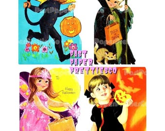 Könnte beinhalten: Vier Halloween-Karten im Vintage-Stil mit Illustrationen von Kindern in Kostümen. Ein Kind trägt ein schwarzes Katzenkostüm, ein anderes ist eine Hexe mit Besen, ein drittes trägt ein rosa Feenkleid und das vierte hält einen Kürbis-Ausschnitt.