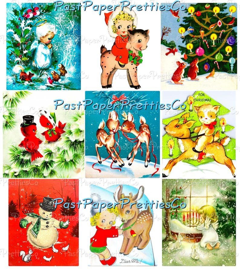 Pode incluir: Nove imagens vintage de Natal com uma variedade de temas natalinos, incluindo um boneco de neve, um veado, um gato, um p&aacute;ssaro, um anjo e uma &aacute;rvore de Natal. As imagens est&atilde;o todas em um estilo de desenho animado colorido.