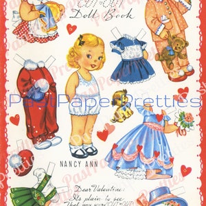 Cartão vintage para impressão de dia dos namorados, bonecos de papel fofos para recortes, livro Nancy Scott Treva Skippy 1957 PDF Download digital instantâneo para meninas e meninos