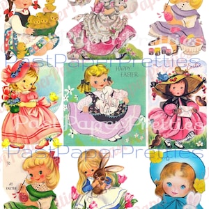 54 Cartões de Páscoa infantis para impressão vintage Imagens fofas de meninas e meninos PDF Download digital instantâneo Kitsch Kawaii Kids Clip Art