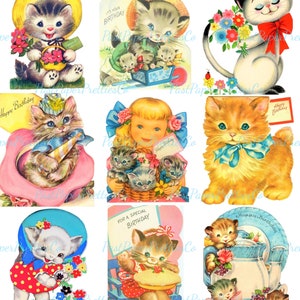 Vintage afdrukbare Kitty Cat Happy Birthday collagevellen kieskeurig gestanst retro wenskaarten 36 afbeeldingen pdf direct digitale download