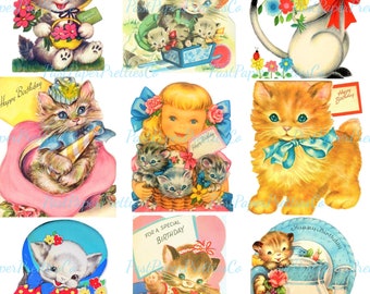 Op de afbeelding: Een verzameling vintage verjaardagskaarten met schattige kittens. Elke kaart toont een andere scène, met kittens die bloemen vasthouden, hoeden dragen of met een meisje dat kittens vasthoudt. De kaarten hebben een retro esthetiek met zachte kleuren en charmante illustraties.