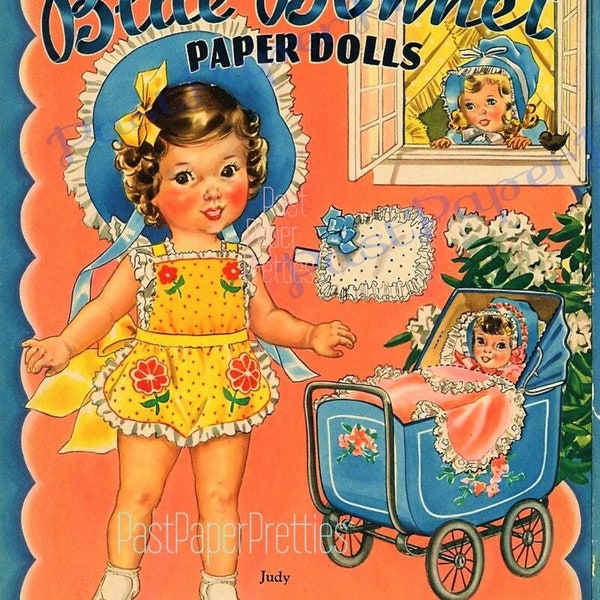 Vintage Blue Bonnet Paper Dolls c. 1942 Cute Little Girls and Their Toy Dollys Printable PDF Instant Digital Download Kitsch Clip Art