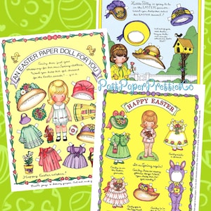 Páginas de bonecas de papel vintage de três meninas da Páscoa retrô dos anos 1980 PDF para download digital instantâneo Pretty Sunday Best Cute Kitsch Little Ladies Clipart