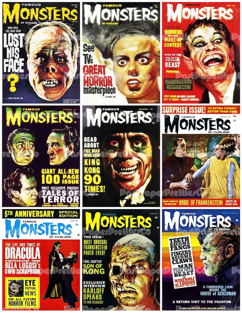 May include: A collection of vintage "Famous Monsters of Filmland" magazine covers. The covers feature classic horror movie monsters like Dracula, Frankenstein's monster, and the Wolfman, with bold text and colorful illustrations.