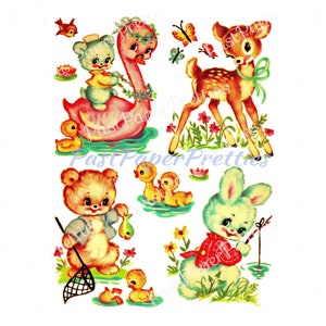 Vintage retro kinderkamer baby dieren afdrukbare stickers afbeeldingen collage blad instant digitale download schattige beer konijn zwaan hert ontwerpen jaren 1960