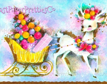 May include: A white deer with a pink and yellow wreath on its antlers pulls a sleigh filled with colorful ornaments and a pink gift box. The background is a light blue and pink watercolor wash.