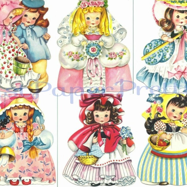 Vintage Storybook Girls Printable Paper Doll Greeting Cards Cut And Fold Forget Me Not PDF Instant Digital Download Lot of 6 Kitsch Cuties