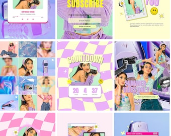 May include: A digital collage featuring multiple panels with a person in a lavender cardigan, a retro mobile phone, and various graphic elements including text like SUBSCRIBE, THANK YOU, COUNTDOWN, and CREATIVE WEBINAR in a vibrant, colorful aesthetic.
