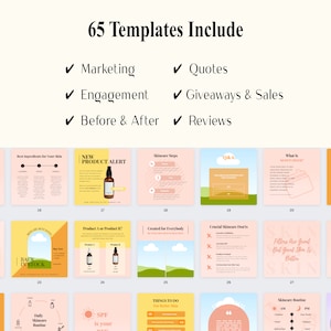 May include: A collage of 65 Instagram post templates for skincare brands. The templates feature a variety of designs, including product spotlights, skincare tips, and before and after photos. The text on the templates includes phrases like "New Product Alert", "Skincare Routine", and "Our Best Combination".