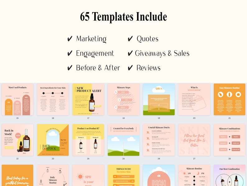 May include: A collage of 65 Instagram post templates for skincare brands. The templates feature a variety of designs, including product spotlights, skincare tips, and before and after photos. The text on the templates includes phrases like "New Product Alert", "Skincare Routine", and "Our Best Combination".