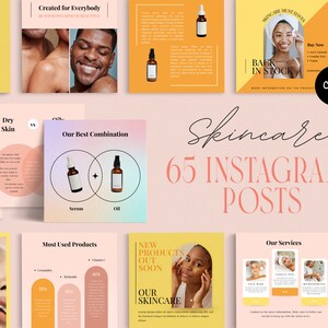 May include: A collection of 65 Instagram post templates for promoting skincare products. The templates feature a variety of colours, fonts, and images, including photos of people with different skin types. The text on the templates includes phrases like "Skincare Must Haves", "Our Best Combination", "Most Used Products", and "New Products Out Soon".