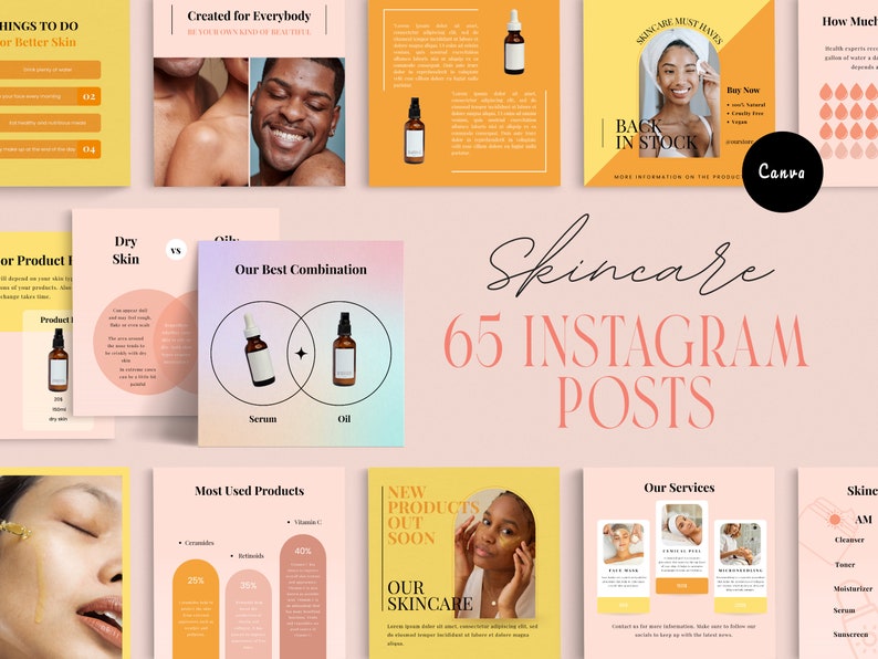 May include: A collection of 65 Instagram post templates for promoting skincare products. The templates feature a variety of colours, fonts, and images, including photos of people with different skin types. The text on the templates includes phrases like "Skincare Must Haves", "Our Best Combination", "Most Used Products", and "New Products Out Soon".