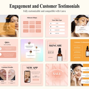 May include: Nine Instagram post templates for a skincare brand. The templates feature a pink and orange colour scheme and include text such as "Skincare Bingo", "What is Your Skin Type", "Giveaway Skincare", "Customer Testimonials", "Before and After Customer Results", "New App", and "Sale 50% Off of Everything".